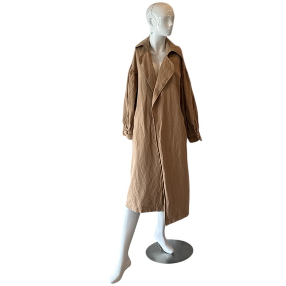 The Hidden Bee Puff Sleeve Cotton Tan Maxi Open Trench Coat Size M - Picture 3 of 13